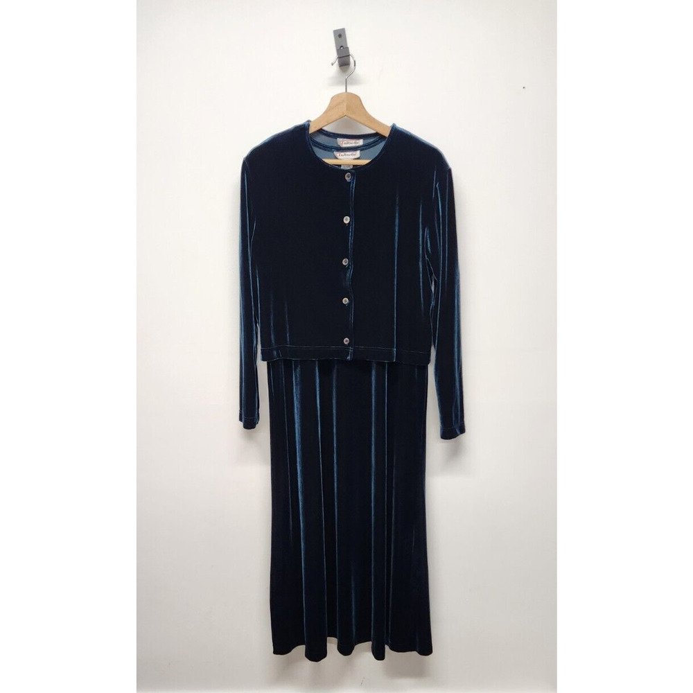 Vintage Talbots Women's Maxi Dress Set W/Cardigan/Jacket, Size L In Peacock Blue